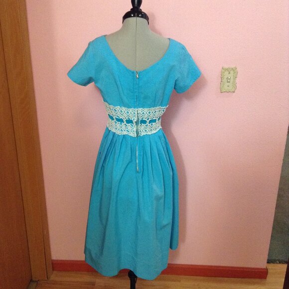 AS IS Vintage 1960s '60s Blue Handmade Alice in Wonderland-Type Midi Dress - Picture 2 of 8